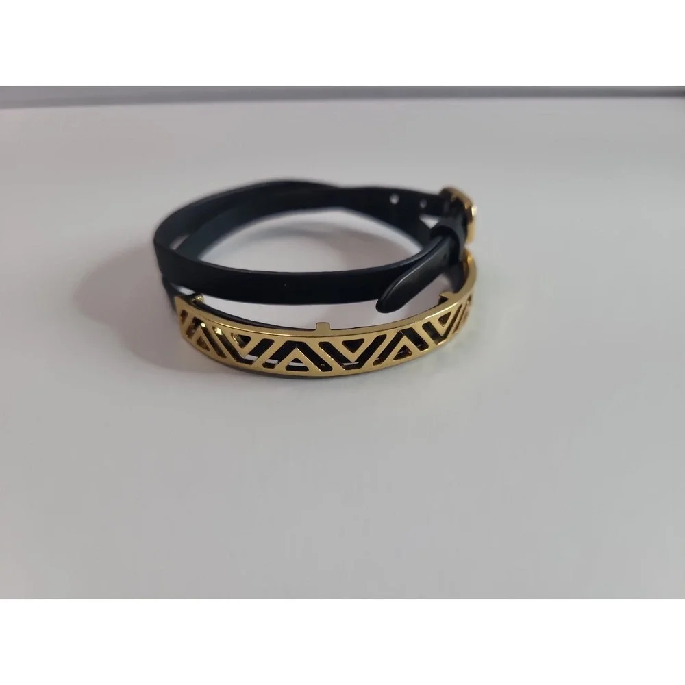 Black Faux Leather Wrap Bracelet Gold Tone Geometric Bar and Crescent Charm